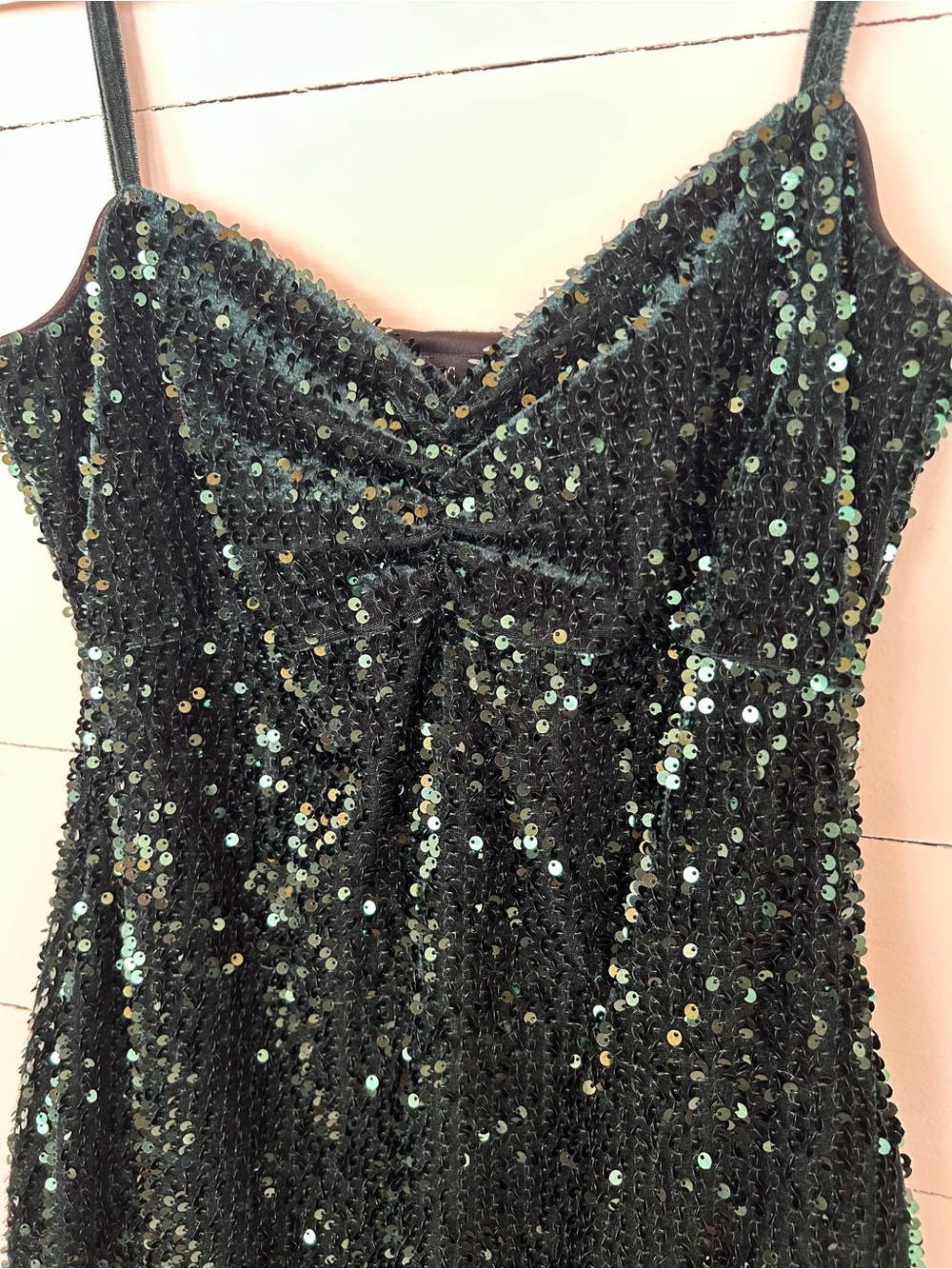 Zara Green Sequin Dress With Adjustable Spaghetti Straps and Ruched bodice, Sz M - Picture 3 of 5